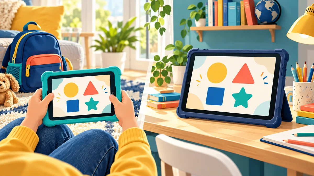 小型と大型の子ども向けタブレットを持ち運びと机上利用で比べるイメージ