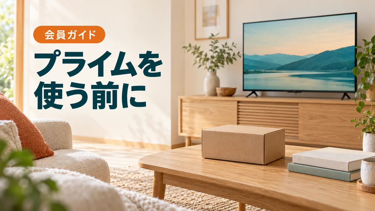 荷物と本、テレビのあるリビングに「プライムを使う前に」と添えた会員ガイド