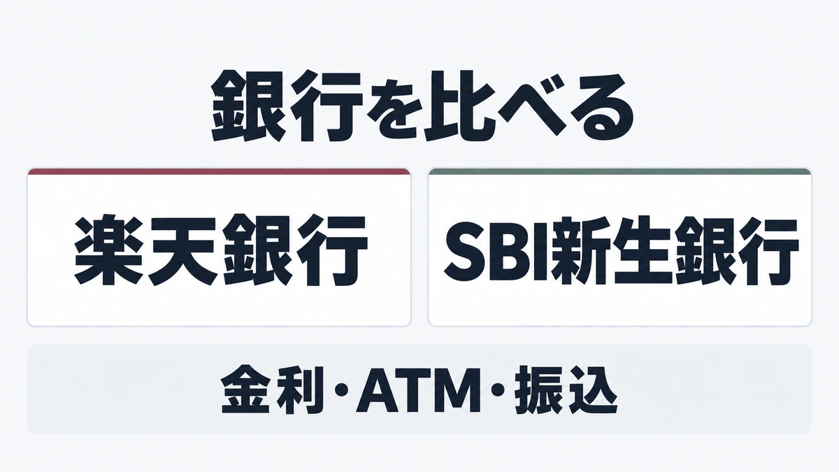 楽天銀行とSBI新生銀行を、金利・ATM・振込で比較するトップ画像