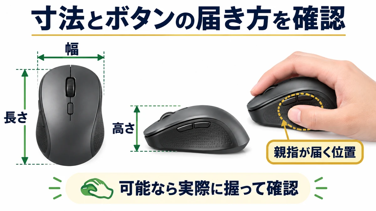 寸法とボタンの届き方を確認の図解