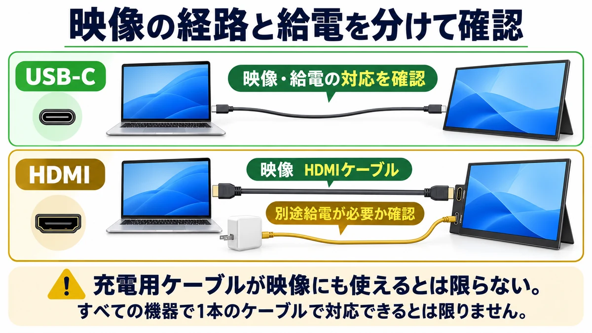 映像の経路と給電を分けて確認の図解