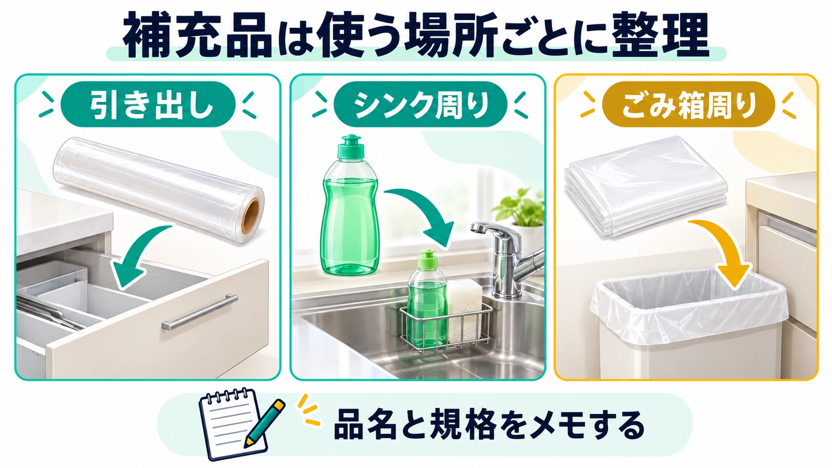補充品は使う場所ごとに整理