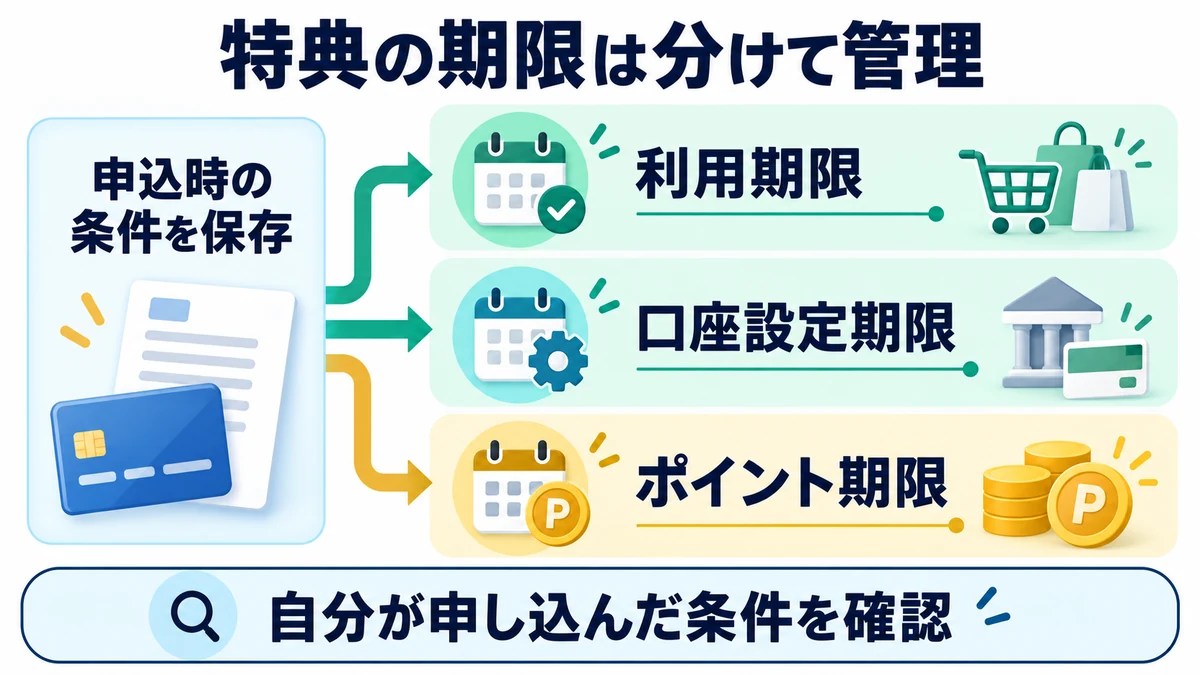 特典の期限は分けて管理を説明する図