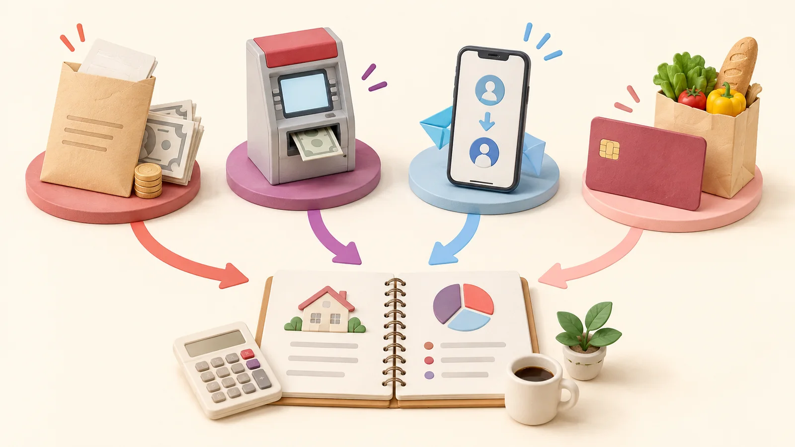 給与受取、ATM、振込、カードでの買い物を家計簿につなげるイメージ