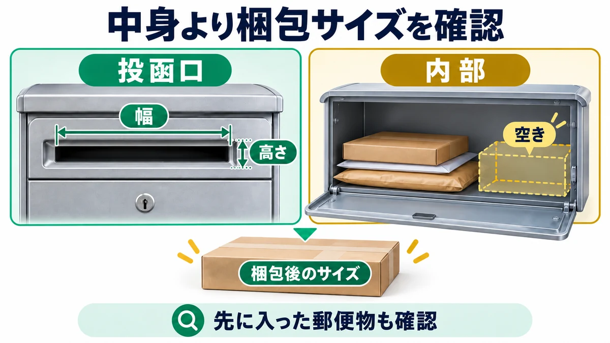 中身より梱包サイズを確認を説明する図