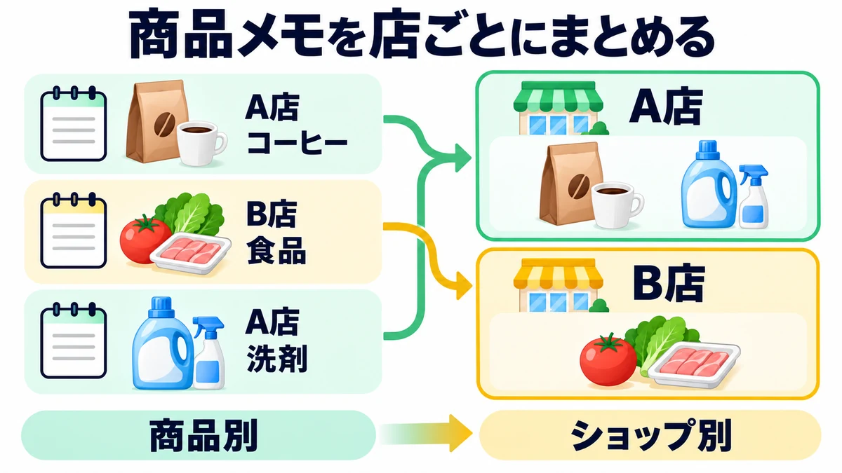 商品メモを店ごとにまとめるを説明する図