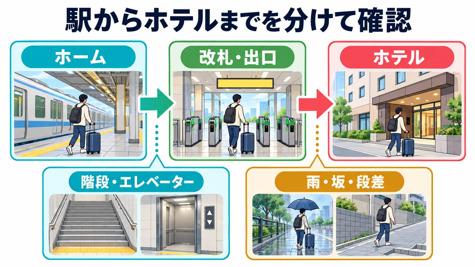 駅からホテルまでを分けて確認。駅からの分数だけでなく、ホームから改札・出口、出口から宿までの経路を分けて確認します。